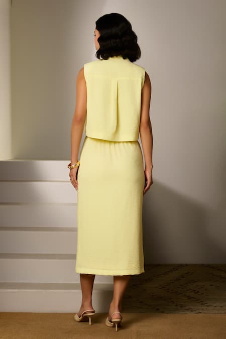 Shop Label Deepika Nagpal Yellow Crepe Collared Butter Juliana Co-ord Set at Aza Fashions Shop_Label Deepika Nagpal_Yellow Crepe Collared Butter Juliana Co-ord Set _at_Aza_Fashions