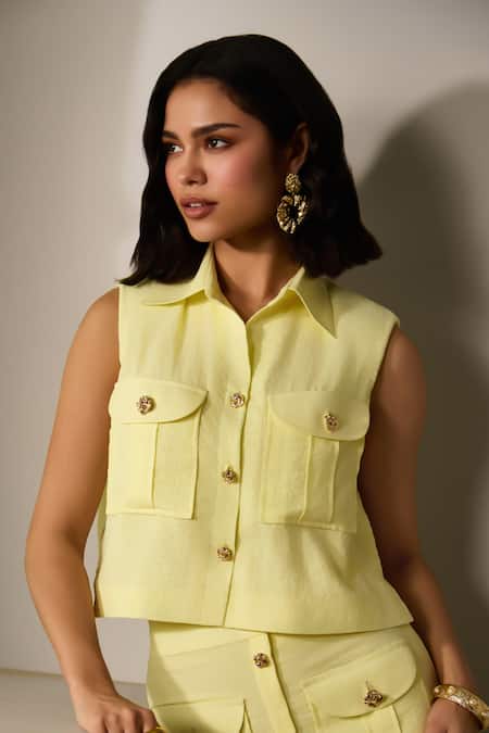 Shop Label Deepika Nagpal Yellow Crepe Collared Butter Juliana Co-ord Set Online at Aza Fashions Shop_Label Deepika Nagpal_Yellow Crepe Collared Butter Juliana Co-ord Set _Online_at_Aza_Fashions