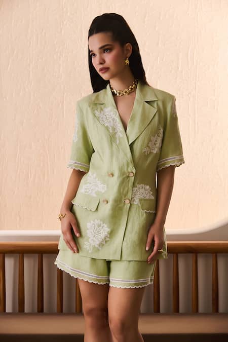 Label Deepika Nagpal Green Cotton, Linen Embroidery, Lace Matcha Floral Blazer And Shorts Set 