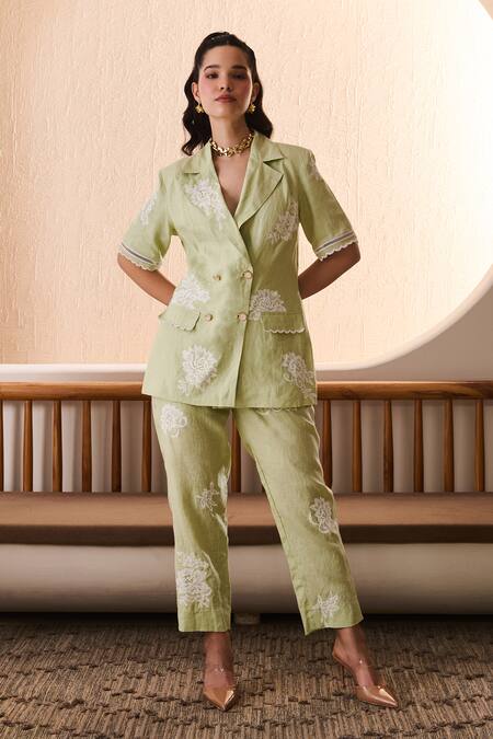 Label Deepika Nagpal Green Cotton, Linen Embroidery Matcha Co-ord Set Online at Aza Fashions Label Deepika Nagpal_Green Cotton, Linen Embroidery Matcha Co-ord Set _Online_at_Aza_Fashions