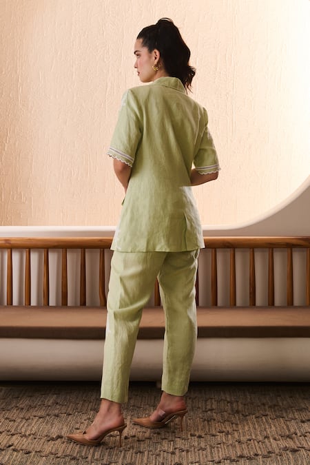 Shop Label Deepika Nagpal Green Cotton, Linen Embroidery Matcha Co-ord Set at Aza Fashions Shop_Label Deepika Nagpal_Green Cotton, Linen Embroidery Matcha Co-ord Set _at_Aza_Fashions