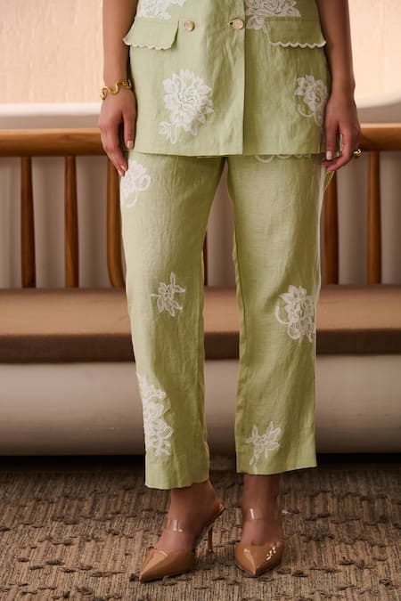 Label Deepika Nagpal Green Cotton, Linen Embroidery Matcha Co-ord Set at Aza Fashions Label Deepika Nagpal_Green Cotton, Linen Embroidery Matcha Co-ord Set _at_Aza_Fashions