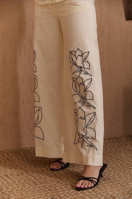Label Deepika Nagpal_Beige Cotton, Linen Embroidery Collared Beatrice Co-ord Set_Online_at_Aza_Fashions