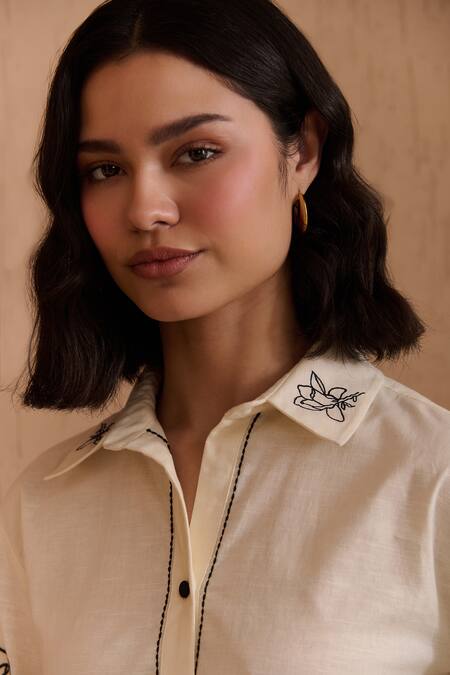 Shop_Label Deepika Nagpal_Beige Cotton, Linen Embroidery Collared Beatrice Co-ord Set_Online_at_Aza_Fashions