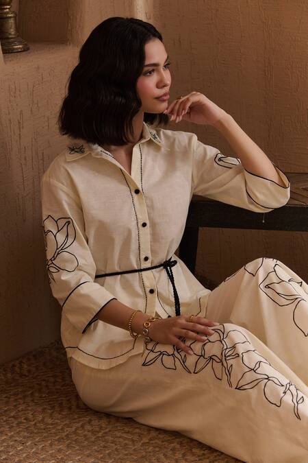 Label Deepika Nagpal_Beige Cotton, Linen Embroidery Collared Beatrice Co-ord Set_at_Aza_Fashions