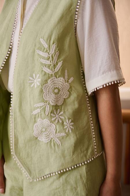 Label Deepika Nagpal_Green Cotton, Linen Embroidery Open Neck, Collared Camille Co-ord Set _Online_at_Aza_Fashions