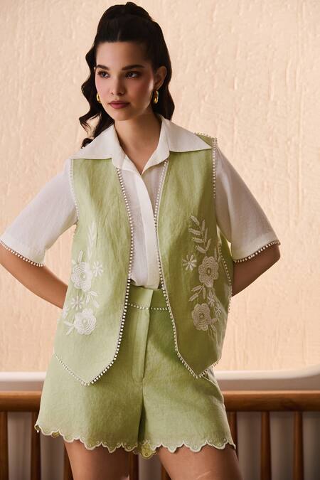 Buy_Label Deepika Nagpal_Green Cotton, Linen Embroidery Open Neck, Collared Camille Co-ord Set _Online_at_Aza_Fashions