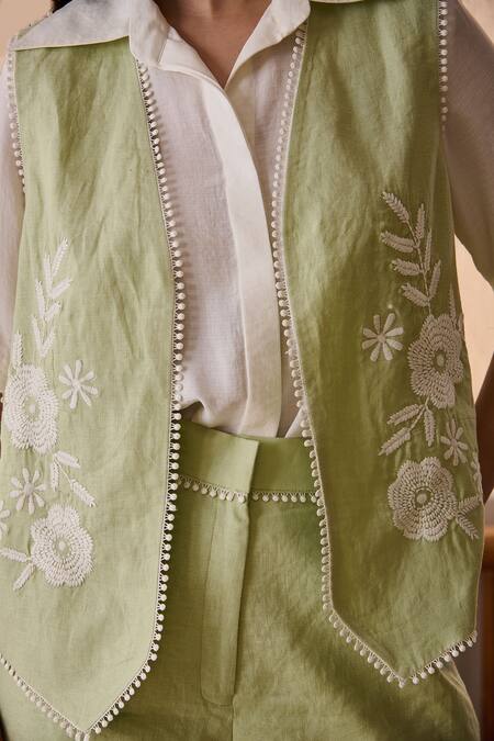 Buy_Label Deepika Nagpal_Green Cotton, Linen Embroidery Open Neck, Collared Camille Co-ord Set 