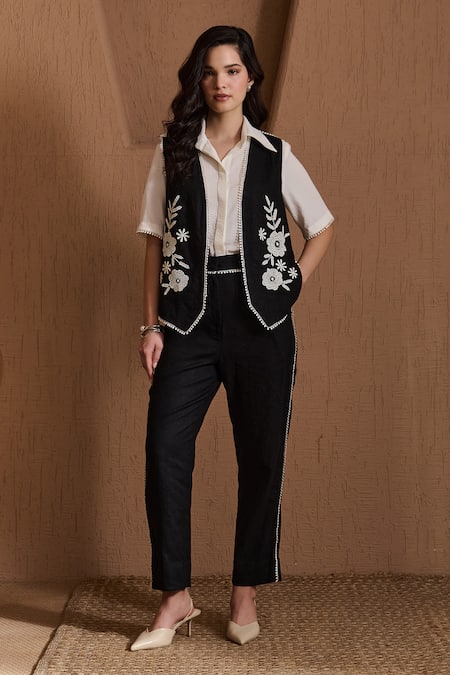 Label Deepika Nagpal Black Cotton, Linen Open Neck, Collared Emiliana Co-ord Set 