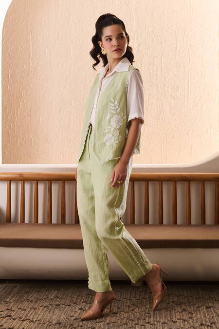 Buy_Label Deepika Nagpal_Green Cotton, Linen Embroidery Collared Emiliana Co-ord Set 