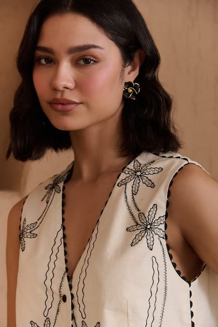 Buy_Label Deepika Nagpal_Beige Cotton, Linen V-neck Embroidered Cecilia Co-ord Set _Online_at_Aza_Fashions