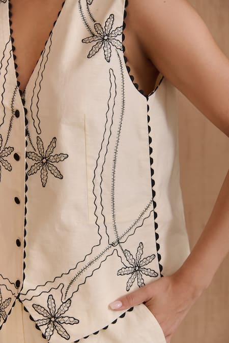 Label Deepika Nagpal_Beige Cotton, Linen V-neck Embroidered Cecilia Co-ord Set _at_Aza_Fashions