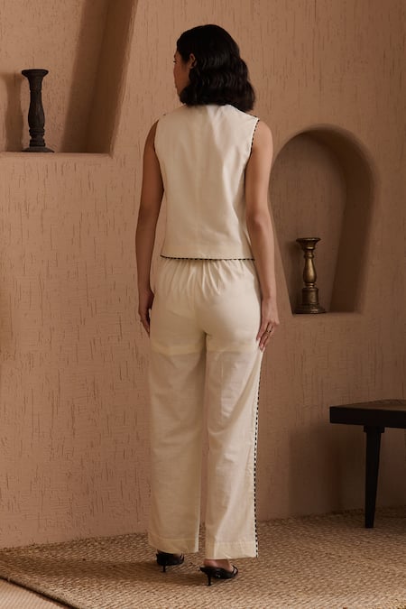 Shop Label Deepika Nagpal Beige Cotton, Linen Embroidery V-neck Niva Co-ord Set at Aza Fashions Shop_Label Deepika Nagpal_Beige Cotton, Linen Embroidery V-neck Niva Co-ord Set _at_Aza_Fashions