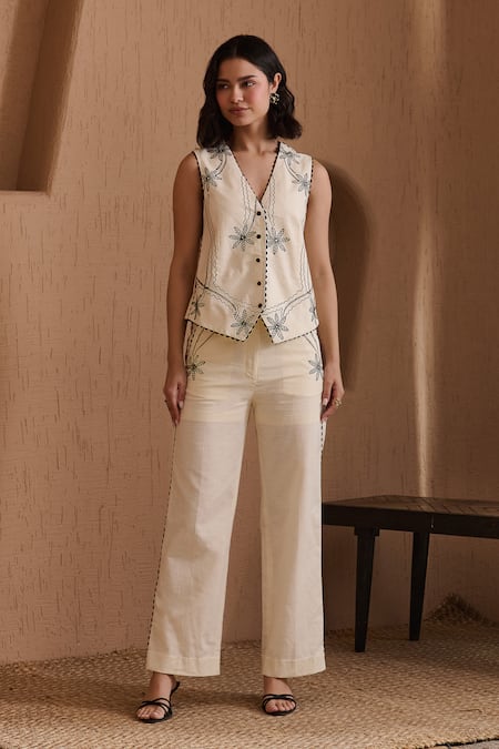 Label Deepika Nagpal Beige Cotton, Linen Embroidery V-neck Niva Co-ord Set 