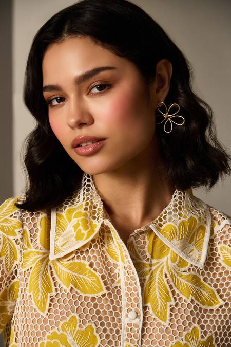 Shop_Label Deepika Nagpal_Yellow Mesh Embroidery Collared Chloe Co-ord Set_Online_at_Aza_Fashions