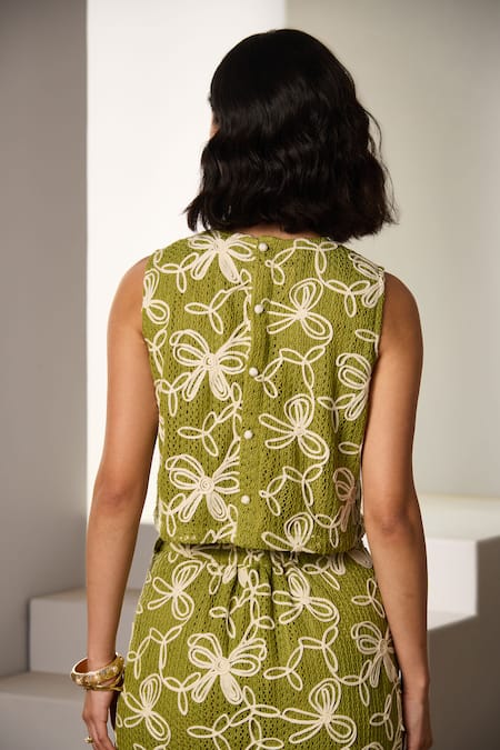 Label Deepika Nagpal_Green Mesh Embroidery Round Neck Kaia Co-ord Set _at_Aza_Fashions