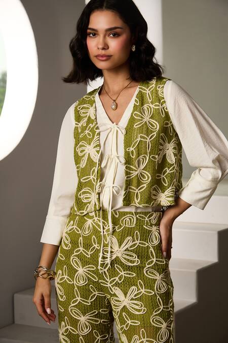 Label Deepika Nagpal_Green Mesh Embroidery V-neck Lumi Co-ord Set _at_Aza_Fashions