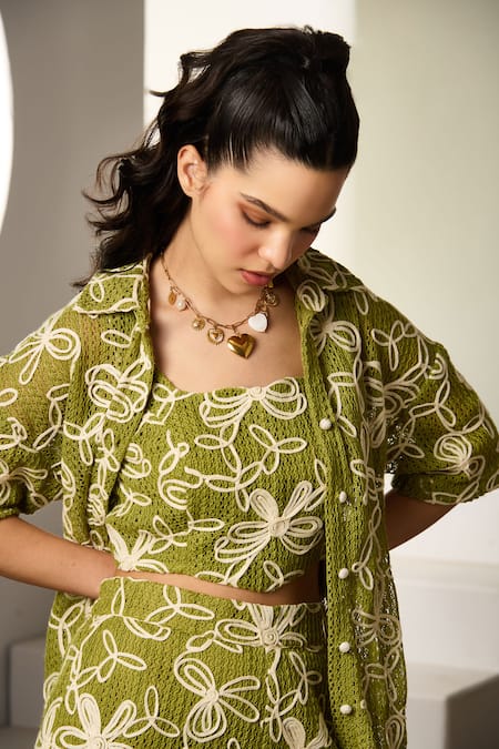 Label Deepika Nagpal_Green Mesh Embroidery Collared, Round Neck Maelis Co-ord Set _at_Aza_Fashions