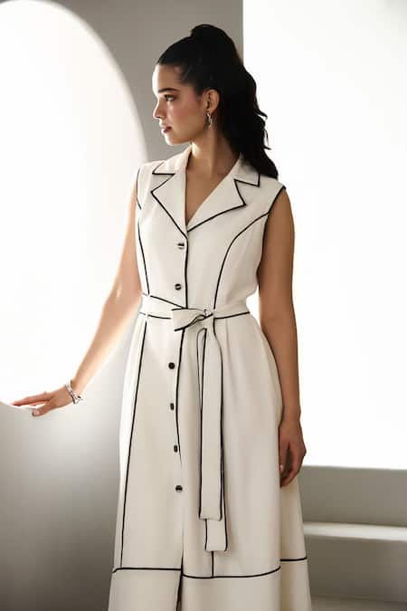 Label Deepika Nagpal Ivory Crepe Collared Elowen Dress With Belt at Aza Fashions Label Deepika Nagpal_Ivory Crepe Collared Elowen Dress With Belt _at_Aza_Fashions