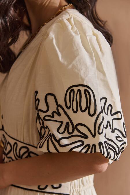 Label Deepika Nagpal_Beige Cotton, Linen Embroidery V-neck Delphine Dress _Online_at_Aza_Fashions