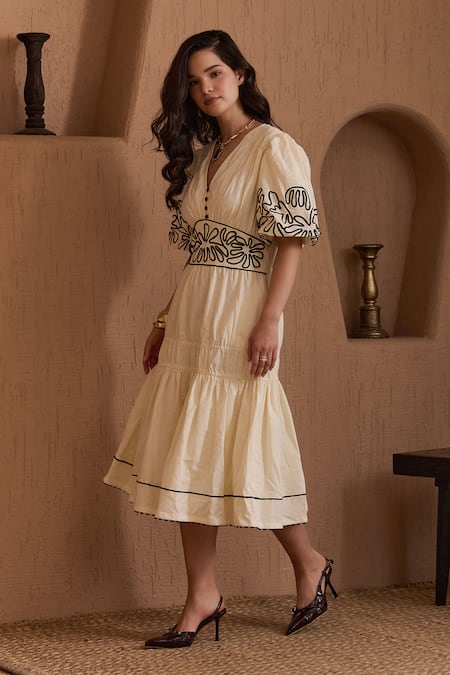 Buy_Label Deepika Nagpal_Beige Cotton, Linen Embroidery V-neck Delphine Dress _Online_at_Aza_Fashions