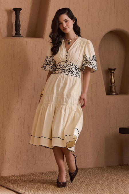 Shop_Label Deepika Nagpal_Beige Cotton, Linen Embroidery V-neck Delphine Dress _Online_at_Aza_Fashions