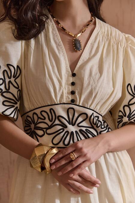 Label Deepika Nagpal_Beige Cotton, Linen Embroidery V-neck Delphine Dress _at_Aza_Fashions