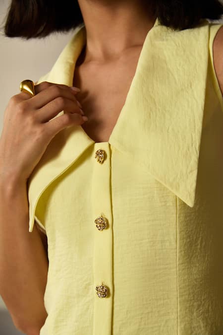 Shop_Label Deepika Nagpal_Yellow Crepe Collared Amaris Dress  _Online_at_Aza_Fashions