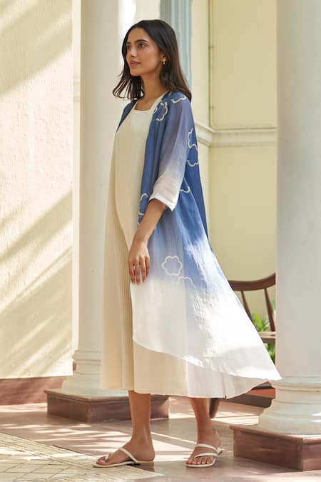 Buy_Vaayu_Blue Muslin, Cotton Embroidery Open , Round Ocean Jacket With Dress_Online_at_Aza_Fashions