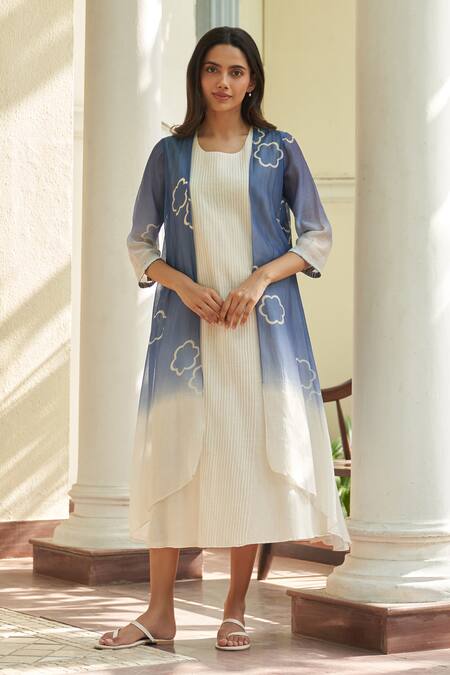 Shop_Vaayu_Blue Muslin, Cotton Embroidery Open , Round Ocean Jacket With Dress_Online_at_Aza_Fashions