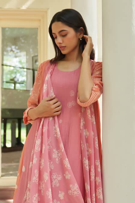 Vaayu Pink Muslin, Cotton Embroidery Round Neck, Open Peony Pintuck Jacket With Dress Online at Aza Fashions Vaayu_Pink Muslin, Cotton Embroidery Round Neck, Open Peony Pintuck Jacket With Dress_Online_at_Aza_Fashions