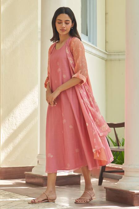 Buy Vaayu Pink Muslin, Cotton Embroidery Round Neck, Open Peony Pintuck Jacket With Dress Online at Aza Fashions Buy_Vaayu_Pink Muslin, Cotton Embroidery Round Neck, Open Peony Pintuck Jacket With Dress_Online_at_Aza_Fashions