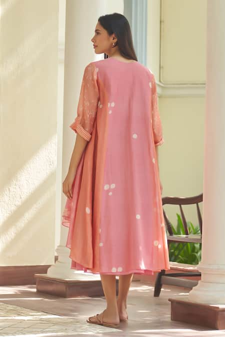 Shop Vaayu Pink Muslin, Cotton Embroidery Round Neck, Open Peony Pintuck Jacket With Dress at Aza Fashions Shop_Vaayu_Pink Muslin, Cotton Embroidery Round Neck, Open Peony Pintuck Jacket With Dress_at_Aza_Fashions