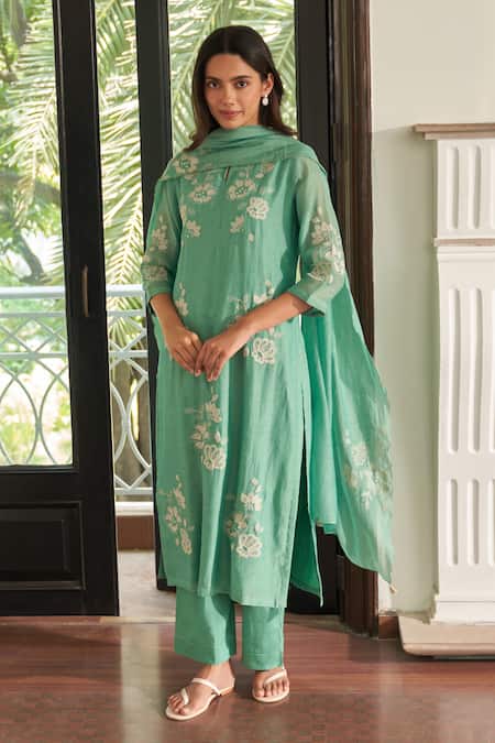 Buy Vaayu Green Muslin, Cotton Embroidery Round Neck Mint Applique Kurta Set Online at Aza Fashions Buy_Vaayu_Green Muslin, Cotton Embroidery Round Neck Mint Applique Kurta Set _Online_at_Aza_Fashions