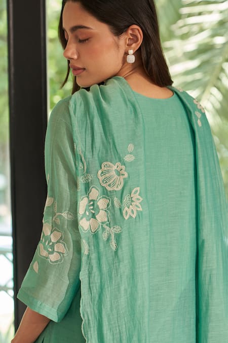 Vaayu Green Muslin, Cotton Embroidery Round Neck Mint Applique Kurta Set at Aza Fashions Vaayu_Green Muslin, Cotton Embroidery Round Neck Mint Applique Kurta Set _at_Aza_Fashions