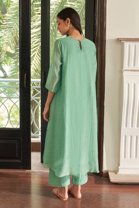 Shop Vaayu Green Muslin, Cotton Applique Round Neck Mint Co-ord Set at Aza Fashions Shop_Vaayu_Green Muslin, Cotton Applique Round Neck Mint Co-ord Set _at_Aza_Fashions