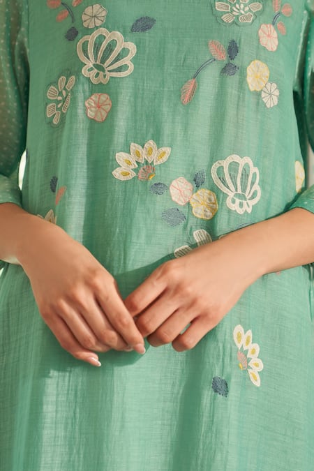 Shop Vaayu Green Muslin, Cotton Applique Round Neck Mint Co-ord Set Online at Aza Fashions Shop_Vaayu_Green Muslin, Cotton Applique Round Neck Mint Co-ord Set _Online_at_Aza_Fashions