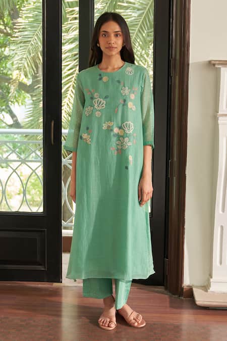 Vaayu Green Muslin, Cotton Applique Round Neck Mint Co-ord Set 