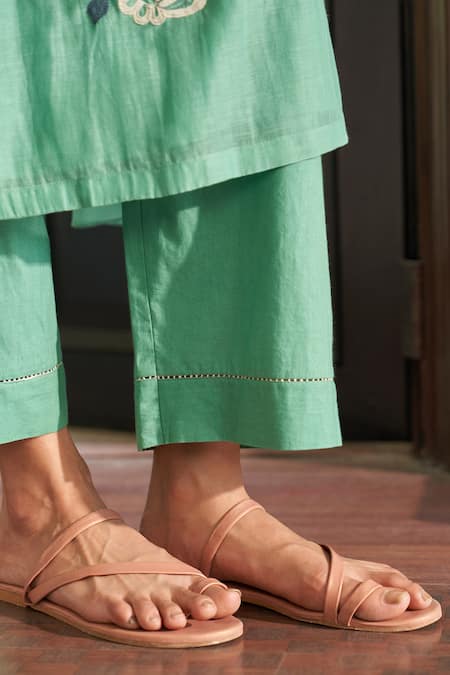 Vaayu_Green Muslin, Cotton Applique, Embroidery Round Neck Mint Floral Kurta Set _Online_at_Aza_Fashions