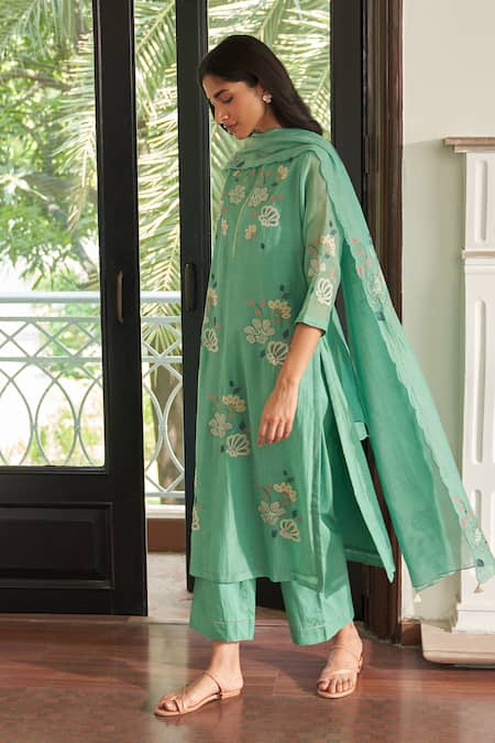 Buy_Vaayu_Green Muslin, Cotton Applique, Embroidery Round Neck Mint Floral Kurta Set _Online_at_Aza_Fashions