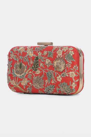 Ritu Kumar_Red Embroidery, Metallic Thread Zuri Silk Dupion Clutch _Online_at_Aza_Fashions