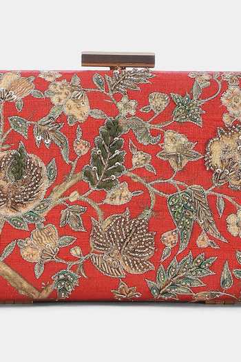 Shop_Ritu Kumar_Red Embroidery, Metallic Thread Zuri Silk Dupion Clutch _Online_at_Aza_Fashions