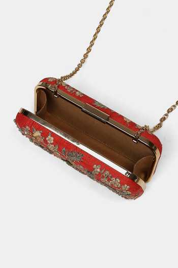 Ritu Kumar_Red Embroidery, Metallic Thread Zuri Silk Dupion Clutch _at_Aza_Fashions