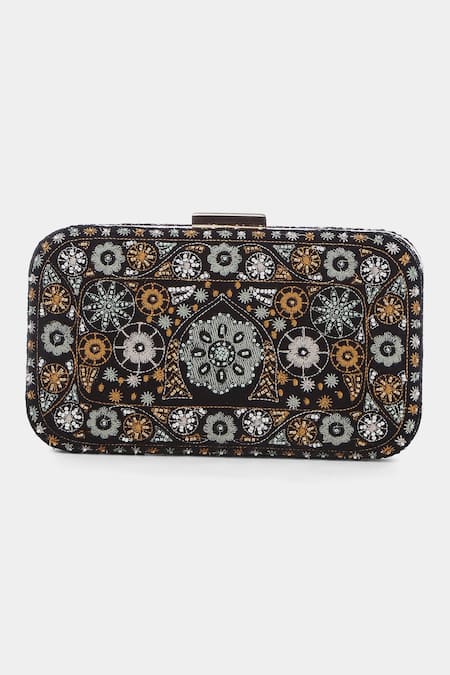 Ritu Kumar_Black Embroidery, Sequins Velvet Clutch _at_Aza_Fashions