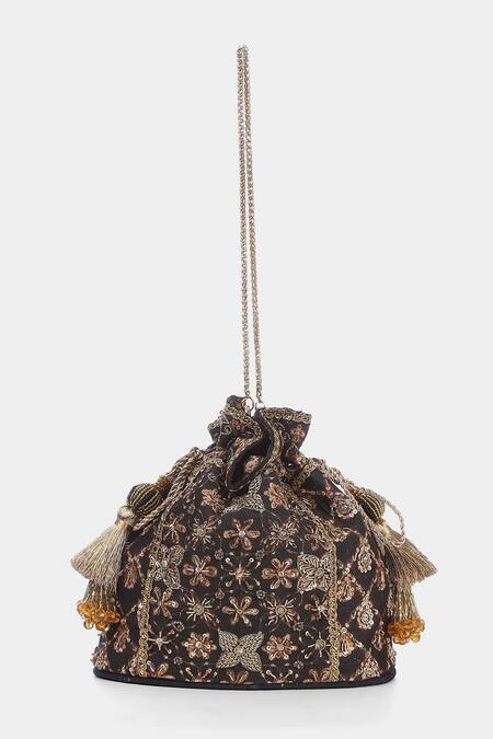 RI.Ritu Kumar_Multi Color Embroidery, Tassels Silk Dupion Handbag _Online_at_Aza_Fashions