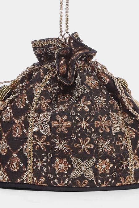 Shop_RI.Ritu Kumar_Multi Color Embroidery, Tassels Silk Dupion Handbag _Online_at_Aza_Fashions