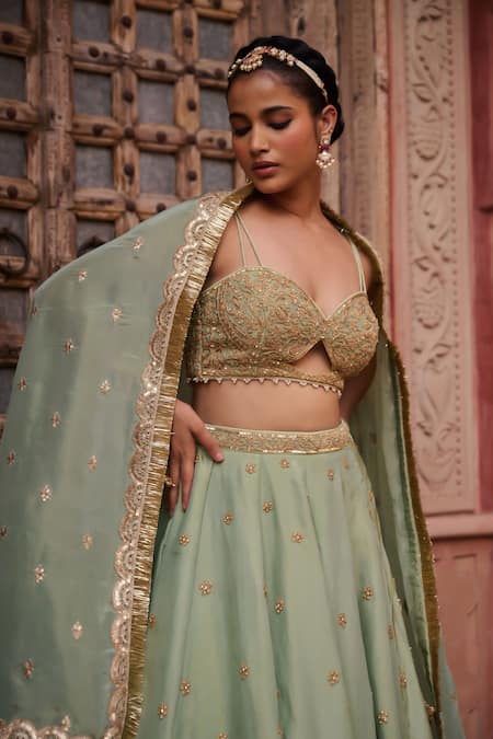 Kapda Dori_Mint Pearls, Sequins, Stones Sweetheart Neck Green Designer Lehenga Set _at_Aza_Fashions