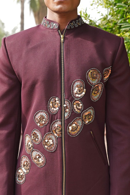 Soniya G_Wine Embroidery, Zari Sherwani Set _Online_at_Aza_Fashions