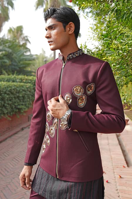 Buy_Soniya G_Wine Embroidery, Zari Sherwani Set _Online_at_Aza_Fashions