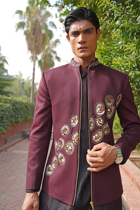 Shop_Soniya G_Wine Embroidery, Zari Sherwani Set _Online_at_Aza_Fashions
